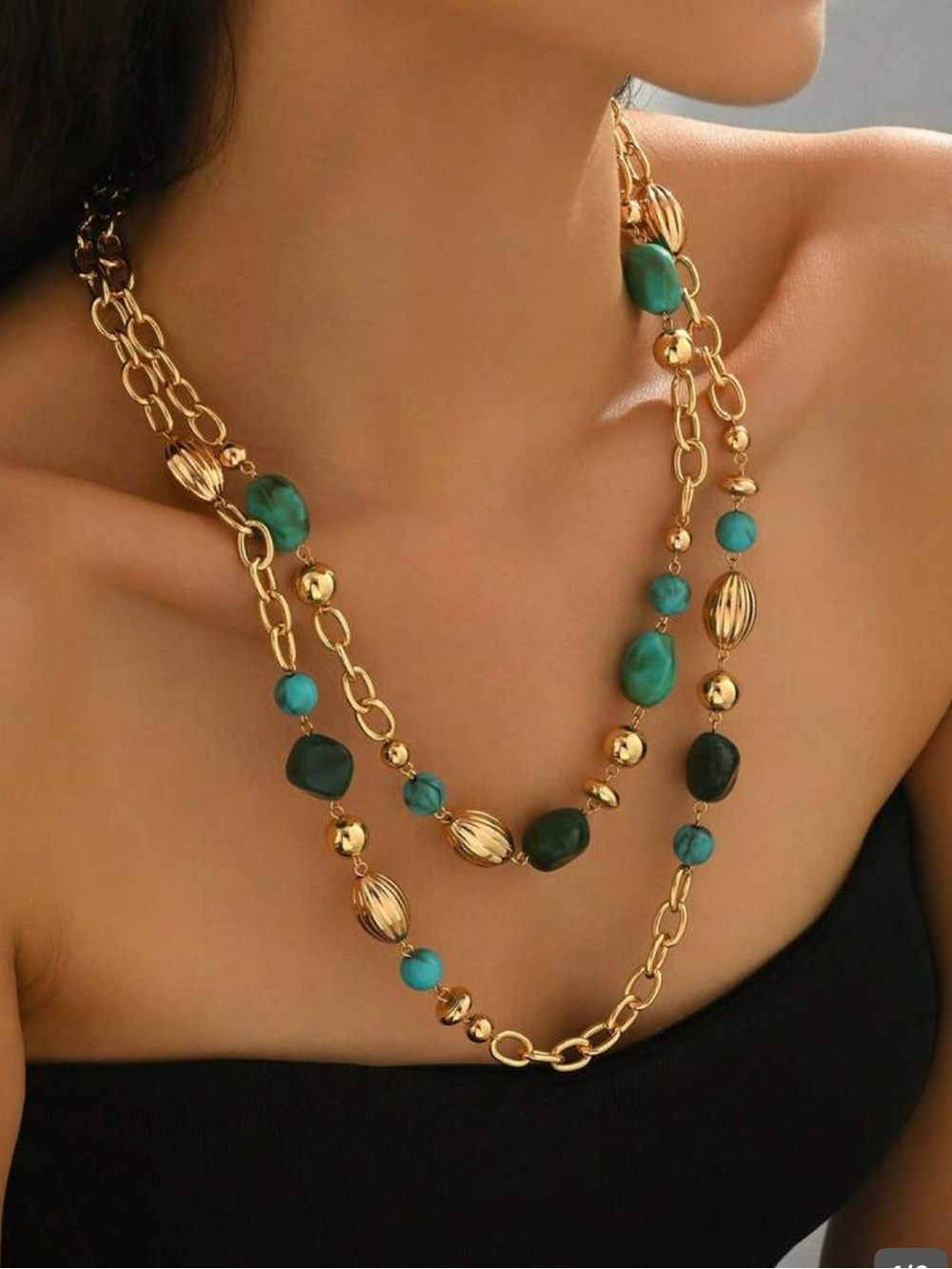 Gold Chain Necklace with Turquoise and Emerald Beads
